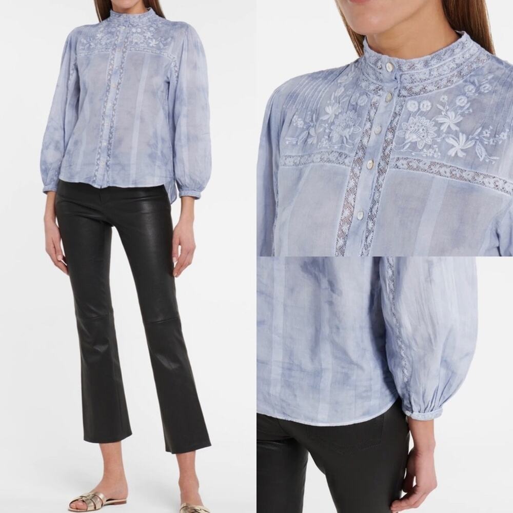 LoveShackFancy Ronda Tie Dye‎ Embroidered Top Blue Silk Button Down Boho Size S